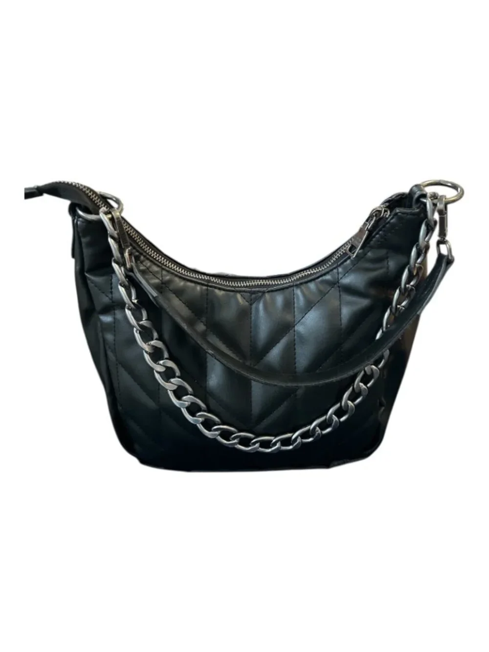 Steve Madden Quilted Black Shoulder Bag SM Logo Chain Strap Hobo Style